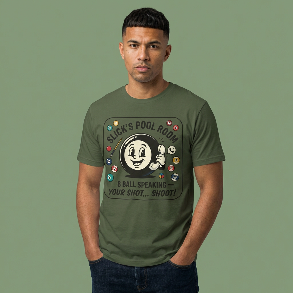 Slick’s Pool Room – 8 Ball Speaking Tee