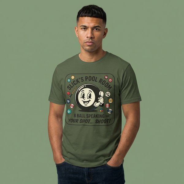 Slick’s Pool Room – 8 Ball Speaking Tee